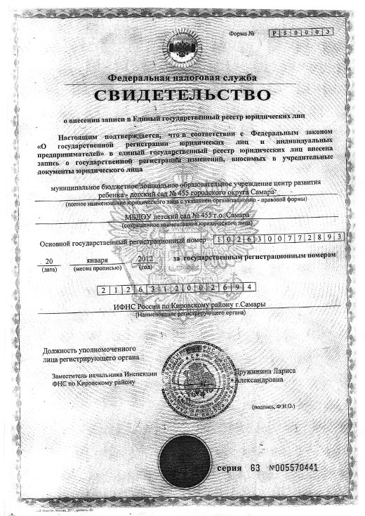 Свидетельство о внесени записи в Единый государственный реестр юридических лиц